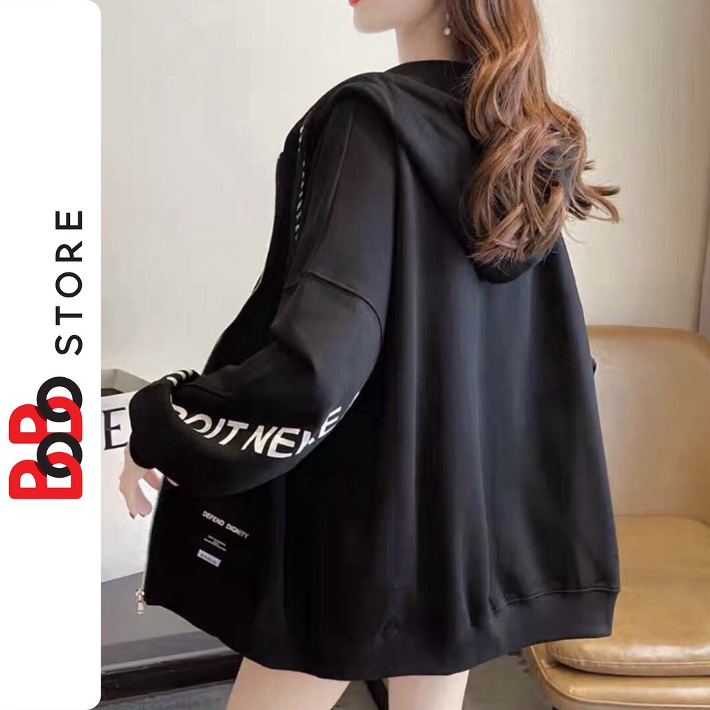Áo khoác nỉ ngoại NHJE có in chữ dọc theo tay áo khóa zip form rộng dành cho nữ nam - BoBo Store