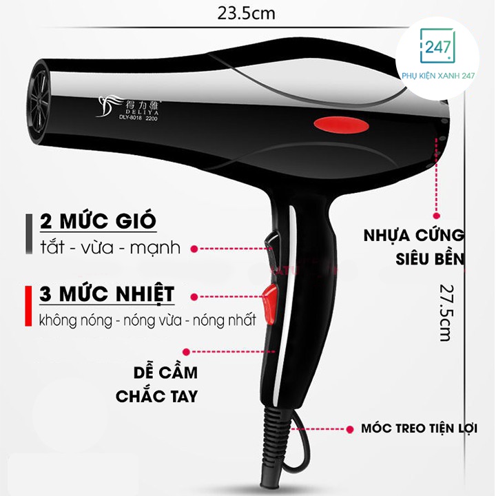 Máy sấy tóc công suất lớn tạo kiểu DELIYA chính hãng, máy khò xấy tóc 2 chiều nóng lạnh 2200w + Tặng phụ kiện