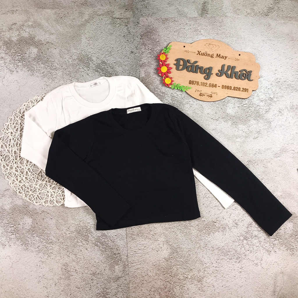 Áo croptop tay dài cổ tròn dáng ôm body chất thun gân màu đen/trắng C252