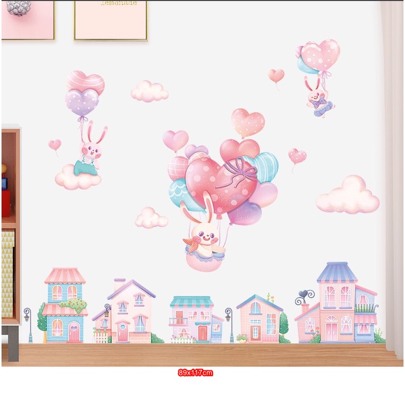 Decal giấy dán tường trang trí nhà - Thỏ hồng và khu nhà hồng đáng yêu