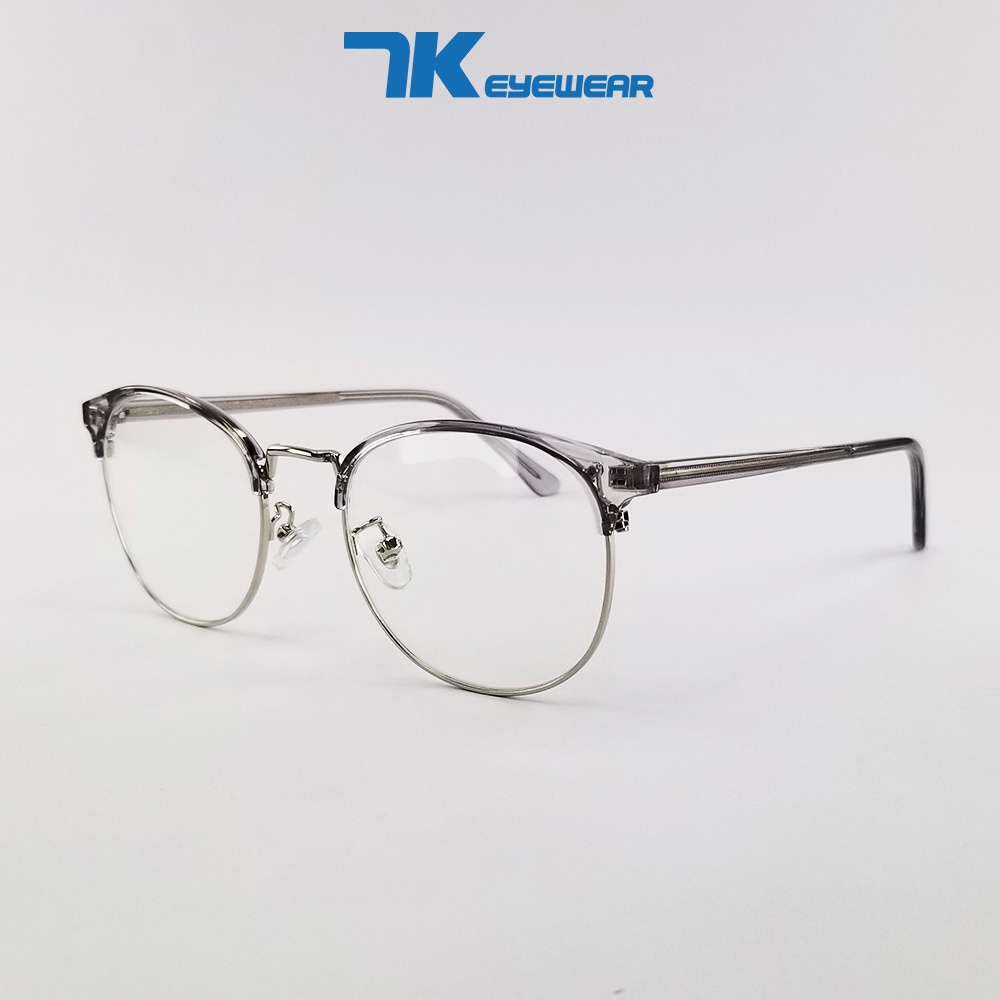 Gọng kính cận nữ, nam mắt tròn kim loại, nhựa 7K10209 màu đen, nâu, xám. Tròng giả cận 0 độ chống ánh sáng xanh, tia UV