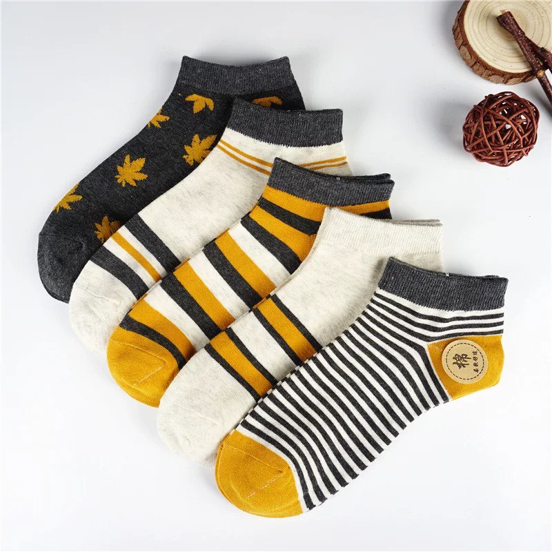 Set Vớ Tất cổ Ngắn Vàng Unisex Cotton Họa Tiết Phong cách Nhật Hàn Hot Trend Ulzzang Tất Ngắn Cổ Nam nữ Thời trang