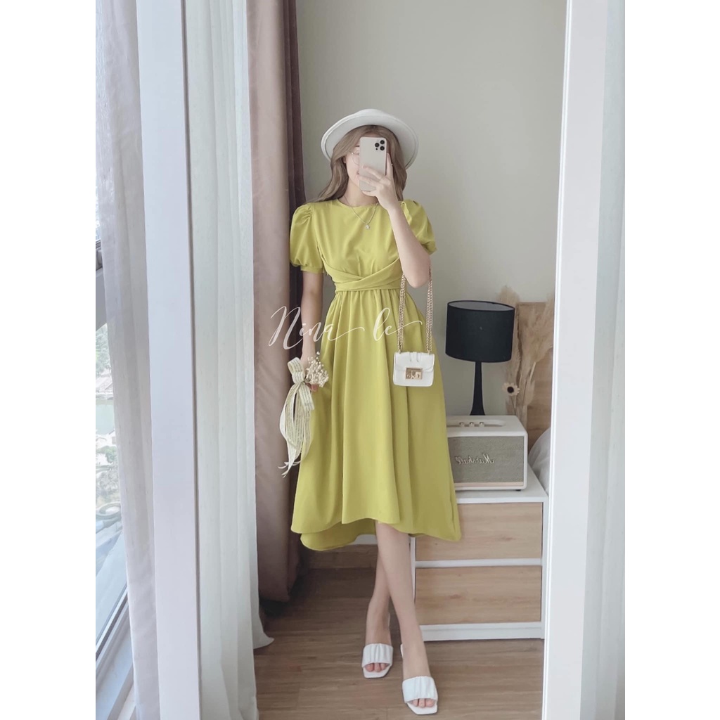 Đầm Midi Tay Bồng Cổ Tròn Thắt Nơ Lưng