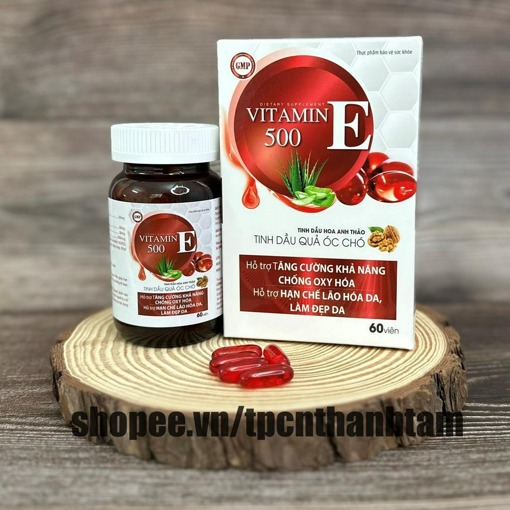 Viên uống trắng da Vitamin E 500 với tinh dầu lô hội giúp đẹp da, sáng da, chống lão hóa, giảm nám, bôi lên da- Hộp 60 v