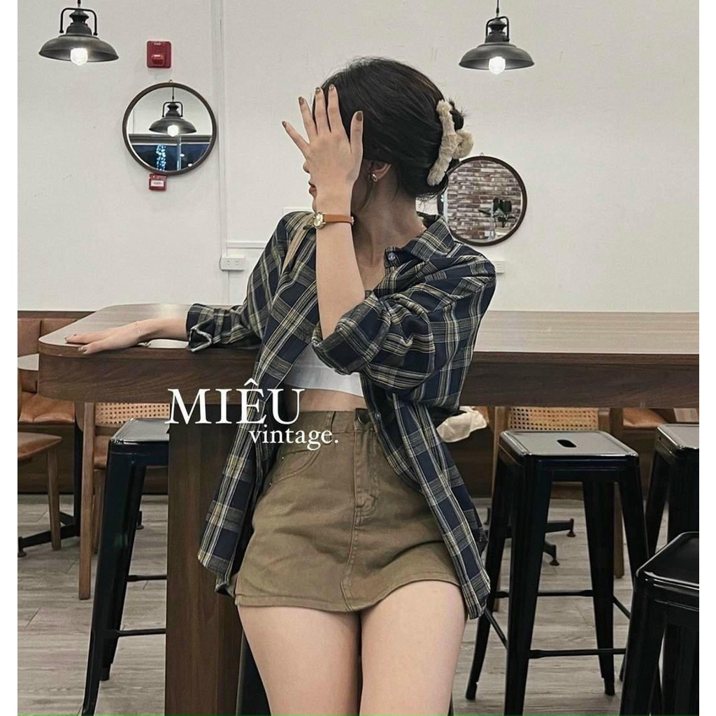 Set áo croptop 2 dây trắng kèm sơmi caro +chân váy nude💖 KÈM ẢNH THẬT