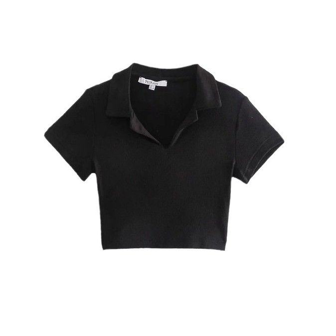 Áo Croptop Nữ Kiểu Ôm Tay Ngắn - Áo Croptop Polo Ngắn Tay 2 Màu Trắng Đen AT05