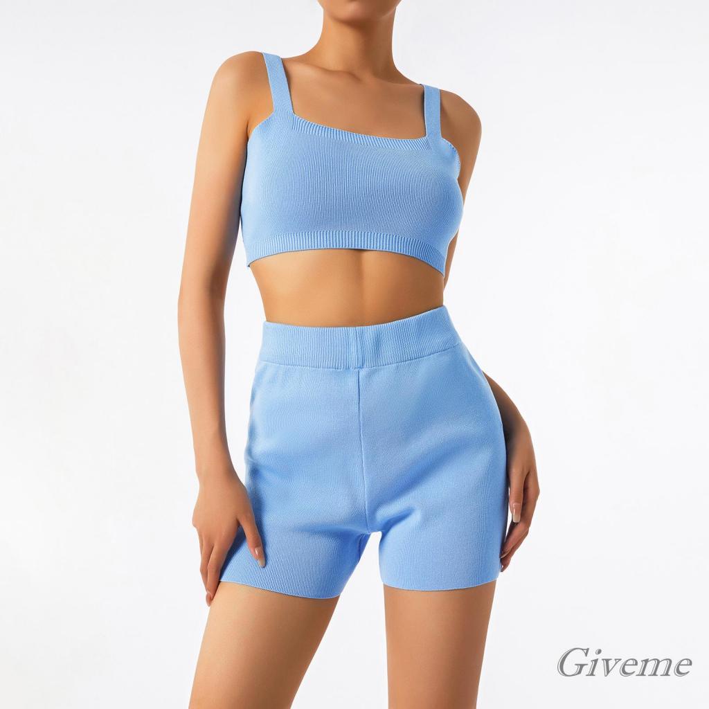 Bộ Áo Croptop Dệt Kim Hai Dây In Họa Tiết Phối Quần Short Co Giãn Thời Trang Cho Nữ
