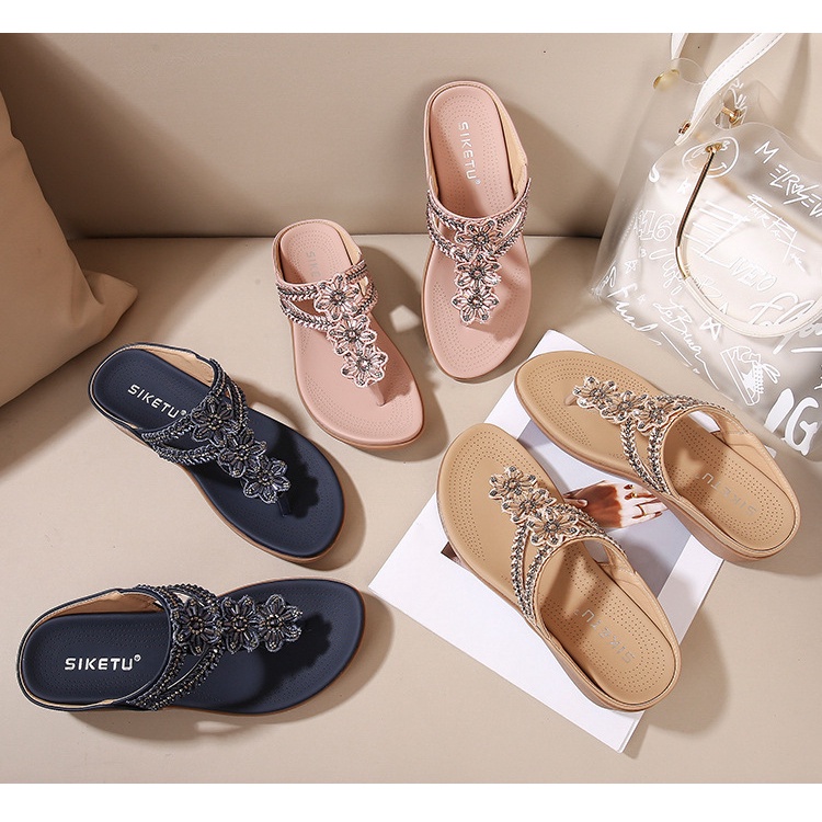 Giày Búp Bê Đế Xuồng Đính Đá Họa Tiết Hoa Xinh Xắn Phong Cách Retro