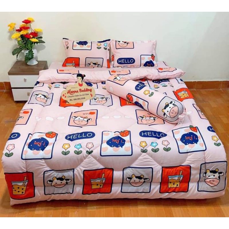 Bộ 5 ga gối và chăn phao poly cotton chần bông dày loại 1 mềm êm được chọn mẫu