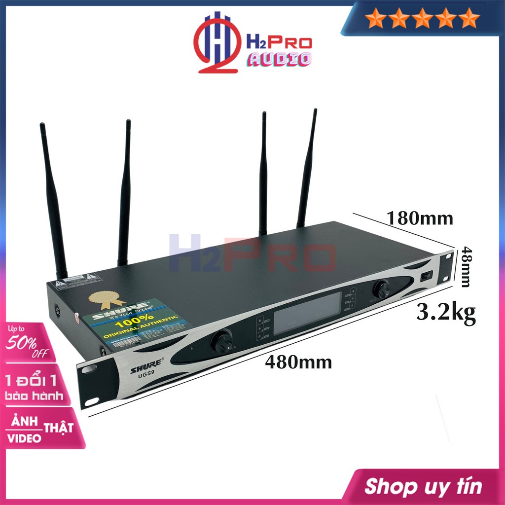 Đôi micro không dây Shure UGS9, micro karaoke không dây cao cấp 4 râu anten,quà 50k 2 chống lăn mic và 4 pin-H2pro tech