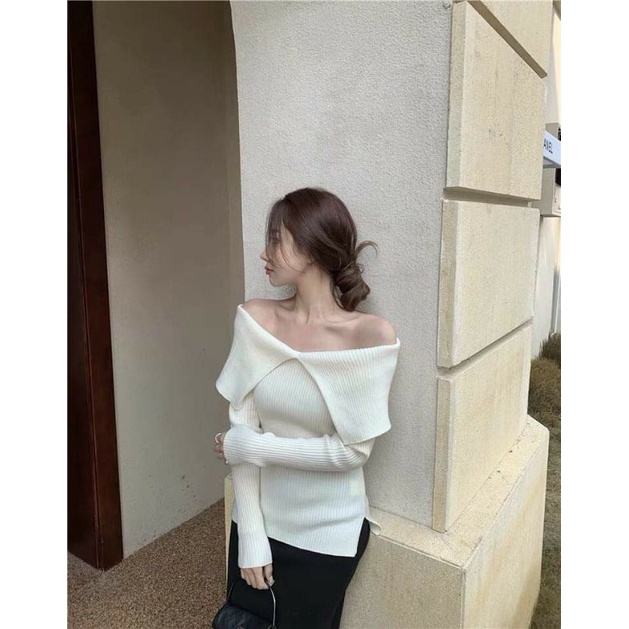 Áo len chất liệu Len tăm dày cao cấp, Áo len trễ vai thiết kế tay dài cổ 2 mảnh gập lạ