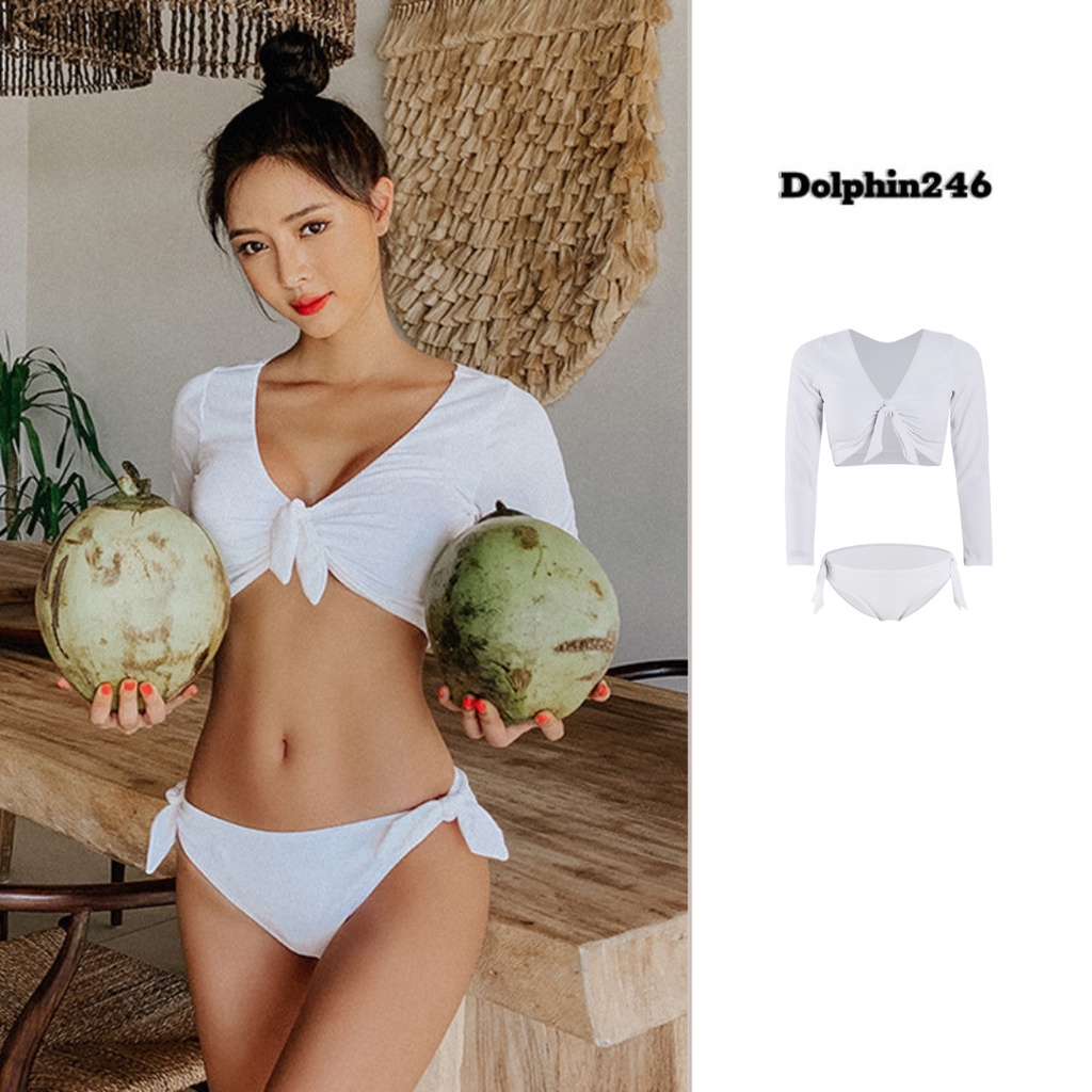 Bikini Đồ tắm đi biển 2 mảnh màu trắng áo tay dài cột nơ mix quần chip sexy cá tính 2522 K5T4-1