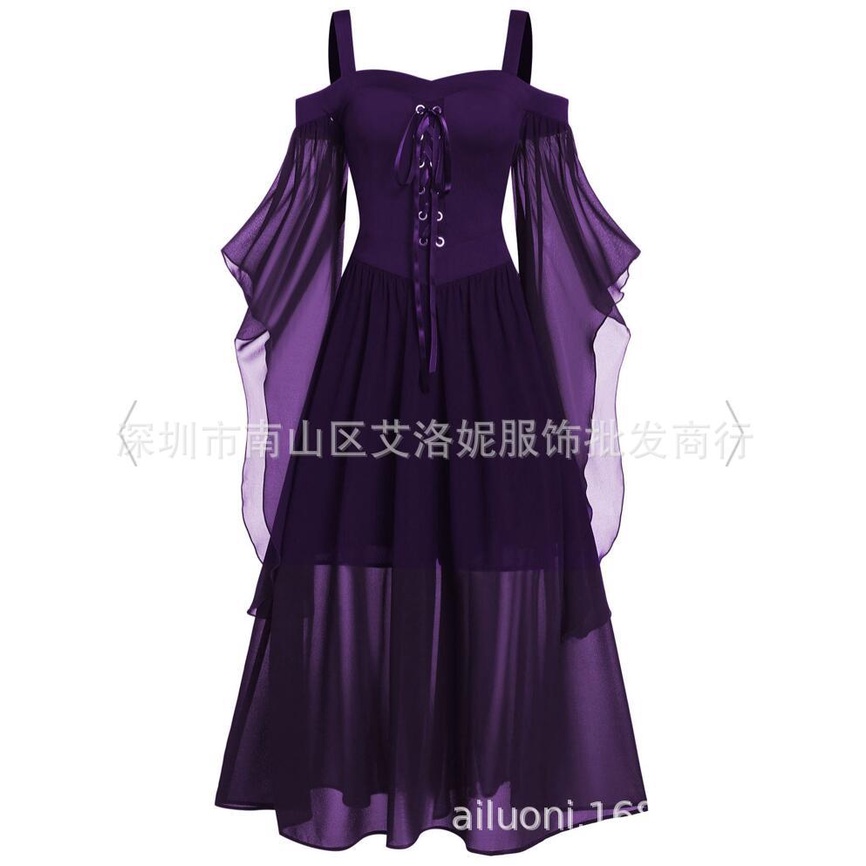 Đầm Chữ A Hóa Trang Phù Thủy Hở Vai Phối Lưới Phong Cách Gothic Thời Trang Dự Tiệc Halloween Cho Nữ