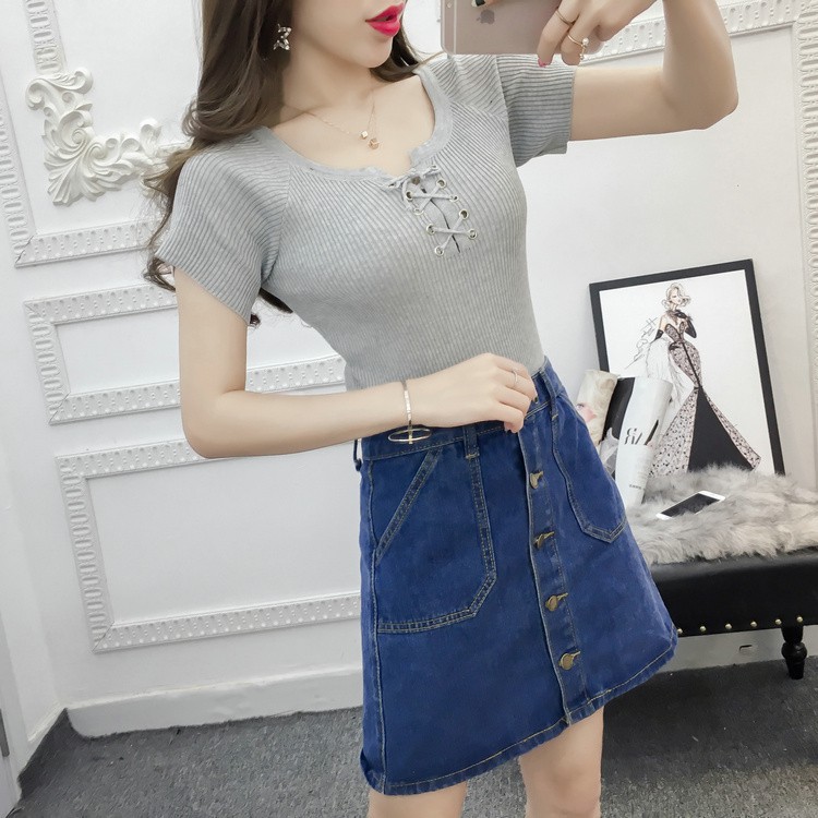 【NEW】Women Blouse Knitted T-Shirt Cross Tie Tshirt Blouse | BigBuy360 - bigbuy360.vn