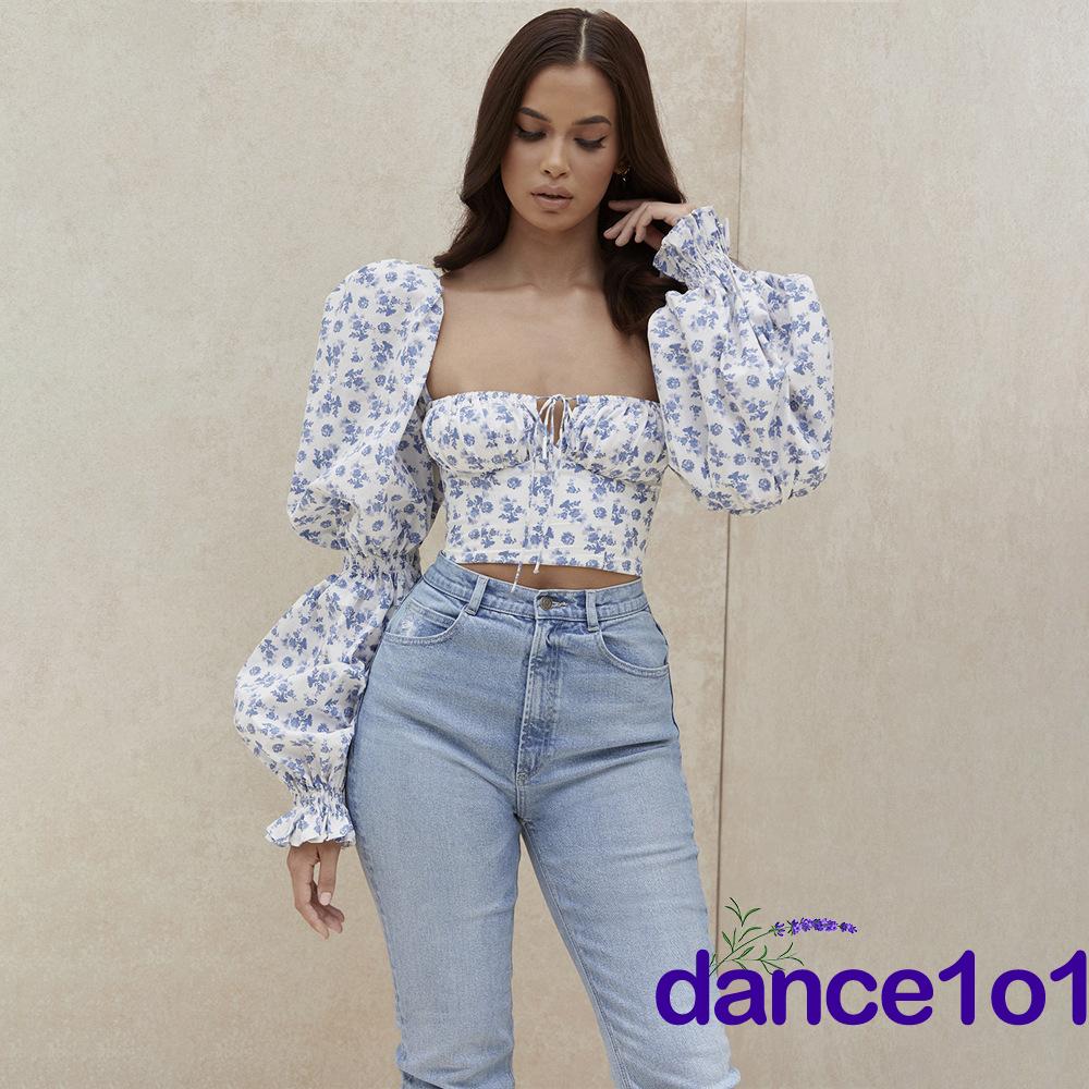 Áo Croptop Nữ Tay Phồng Họa Tiết Hoa Thời Trang 2020