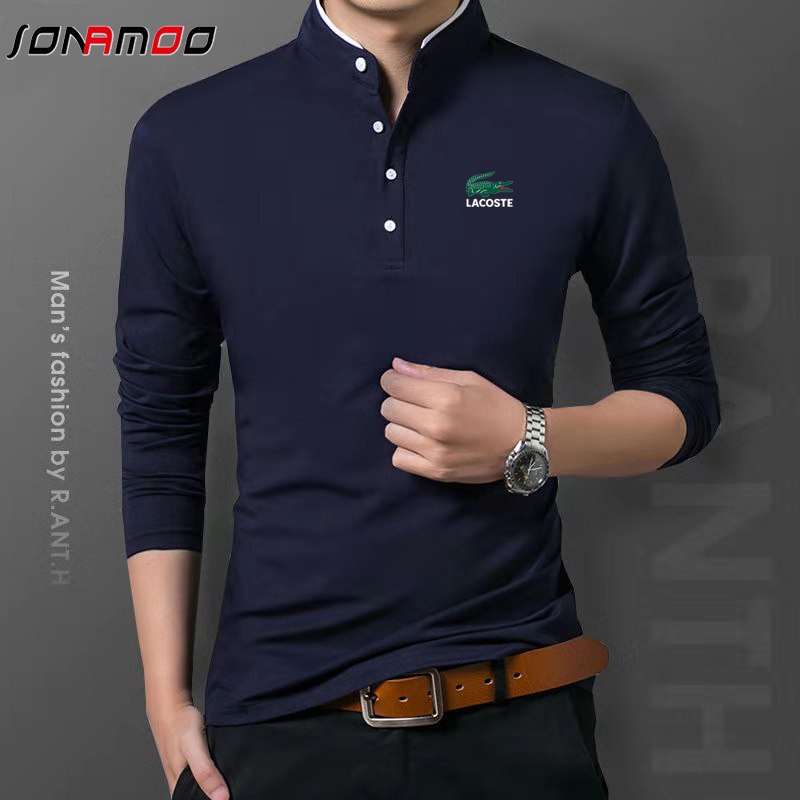 Áo Thun Cotton Tay Dài Cổ Đứng Thời Trang Hàn Quốc Cho Nam