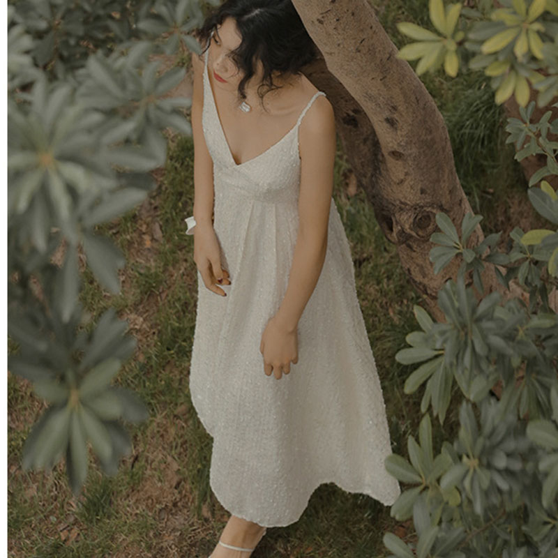 IELGY  Đầm Dài Hai Dây Màu Trắng Phong Cách Pháp Cổ Điển Thời Trang Cho Nữ