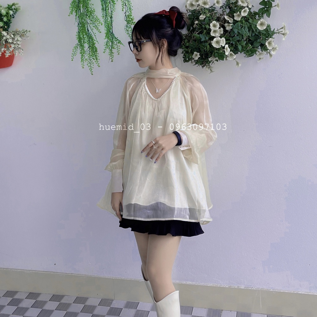 áo cổ ngọc, cổ V đính ngọc sang chảnh tiểu thư, tay áo bồng bềnh đính khuy | BigBuy360 - bigbuy360.vn