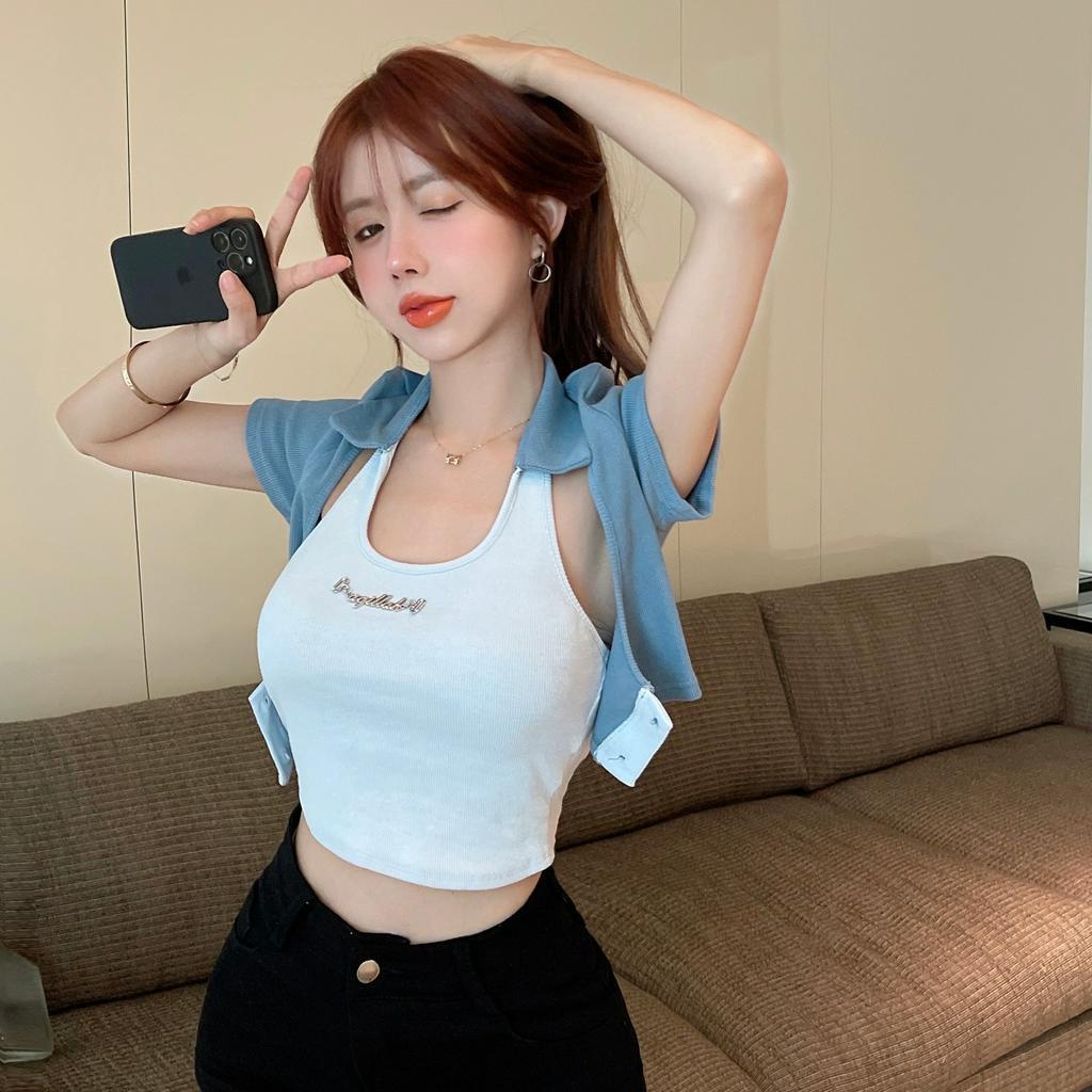 Lalisas Bộ Áo Croptop Hai Dây Ôm Dáng Tay Cộc Cổ Treo Thiết Kế niche Mỹ Nóng Bỏng Cho Nữ