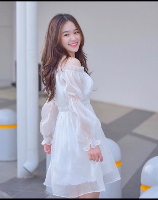 Đầm sheer trắng đen trễ vai bo eo | BigBuy360 - bigbuy360.vn