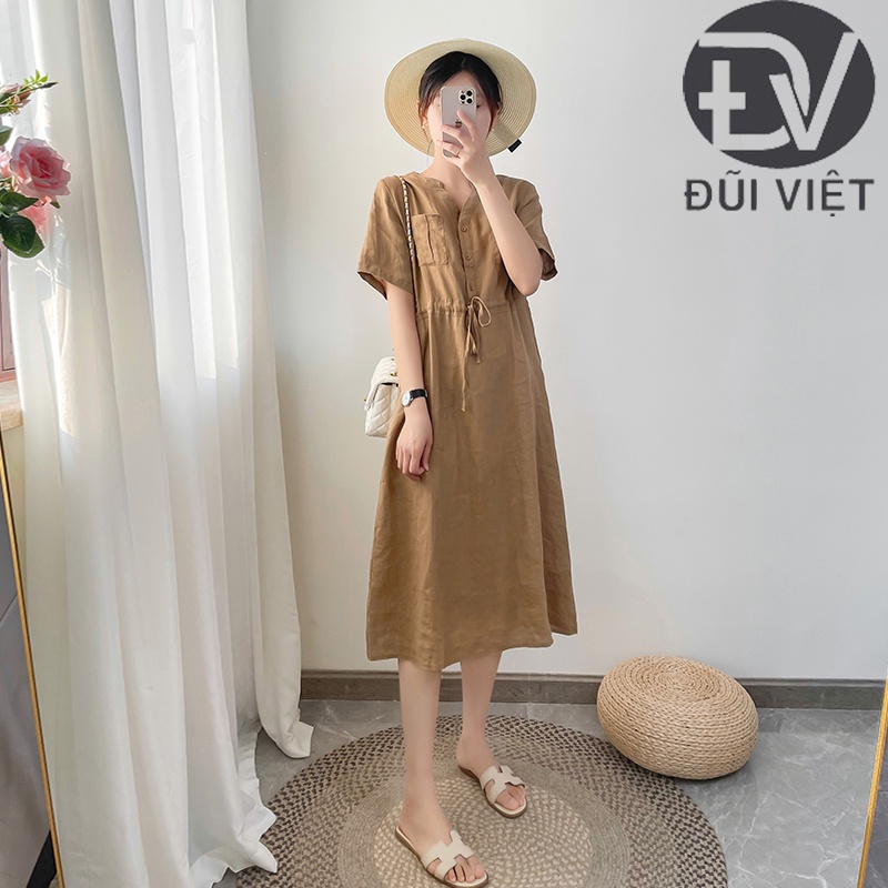 Đầm - Váy suông cổ chữ V có cúc cài trước ngực tay ngắn Đũi Việt