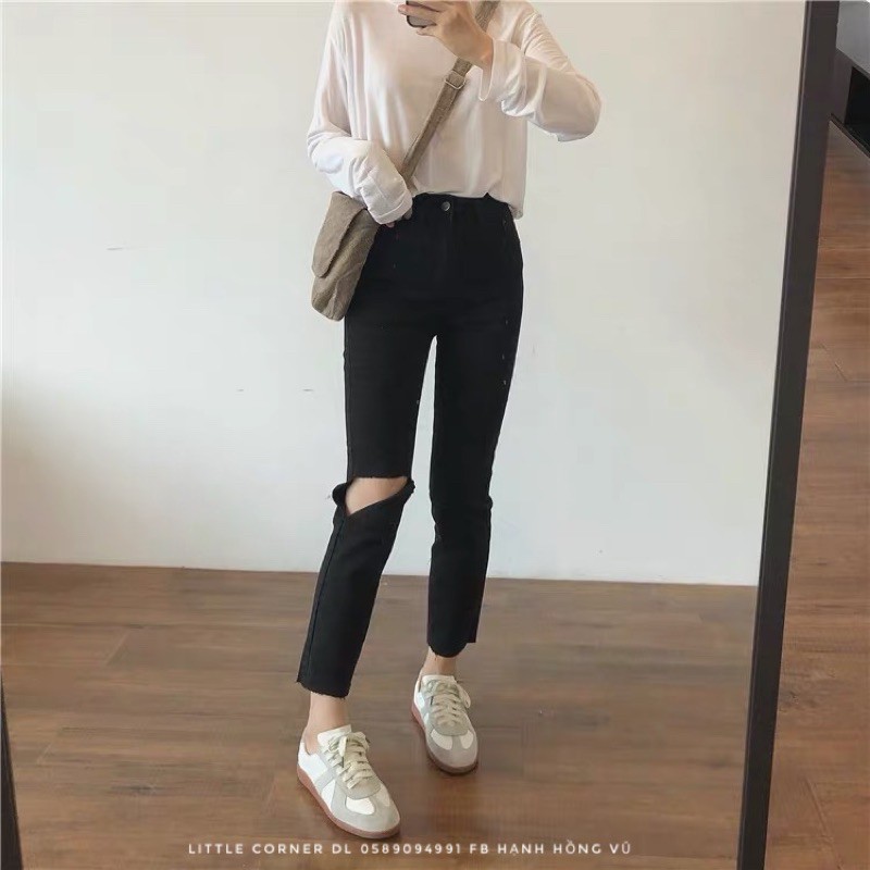 Quần baggy jean đen ống suông xẻ rách gối có Bigsize quảng châu hàng sẵn