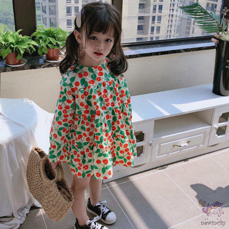 Đầm cotton dài tay in họa tiết quả anh đào đáng yêu dành cho bé gái