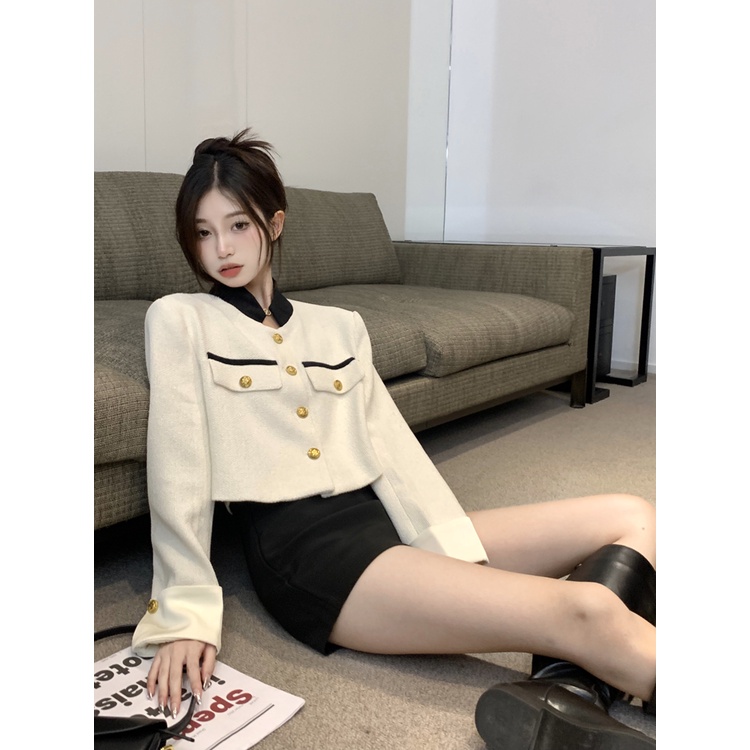 Áo Khoác Tay Dài Cổ Đứng Dáng Ôm Phong Cách Hàn Quốc Thời Trang Cho Nữ