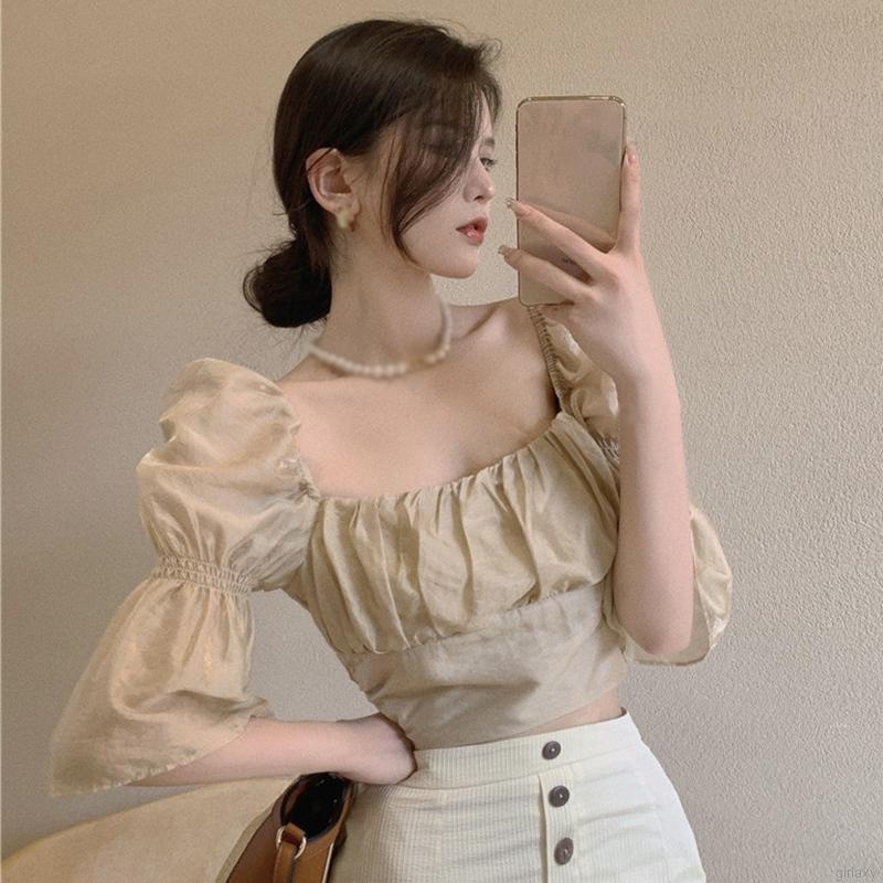 Áo Croptop Ngắn Tay Cổ Vuông Hở Lưng Màu Trơn Thiết Kế Dây Đan Chéo Phong Cách Hàn Quốc Cho Nữ