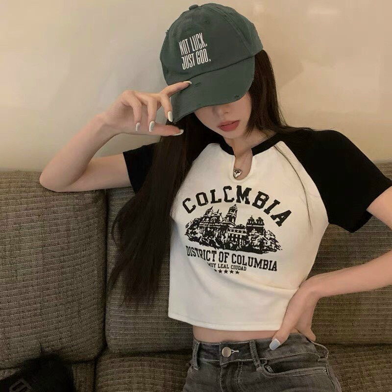 ÁO CROPTOP KIỂU LỬNG NỨ NGẮN TAY CỔ TRÒN KHOÉT IN CHỮ COLOMBIA  MÀU HỒNG TRẮNG KEM TÔN DÁNG ĐỈNH CAO HOT HIT NITIQC