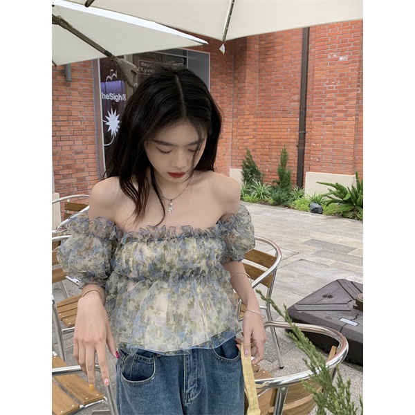 Cocory vn Áo Kiểu Trễ Vai Tay Phồng Họa Tiết Hoa Dáng Ôm Thời Trang Mùa Hè Cho Nữ