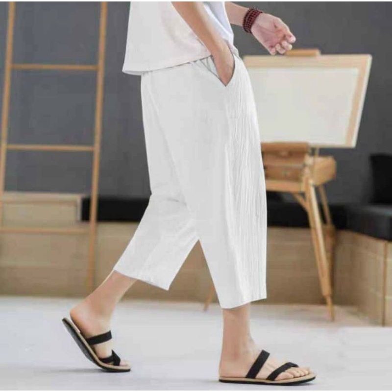 Quần dài lững qua gối unisex nam nữ chất đũi, dáng suông ống rộng lưng thun co giãn cao cấp phong cách thời trang nhật