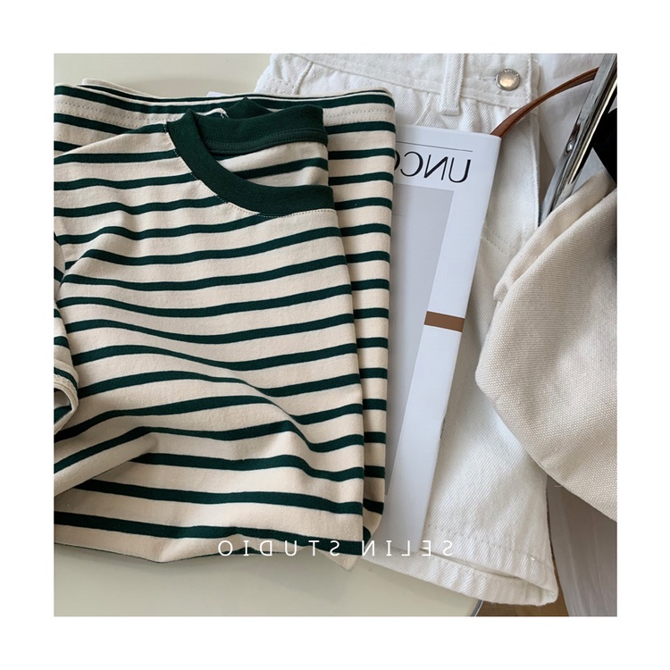 Áo Thun Cotton Ngắn Tay Họa Tiết Kẻ Sọc Thời Trang Mùa Hè Hàn Quốc Mới Cho Nữ