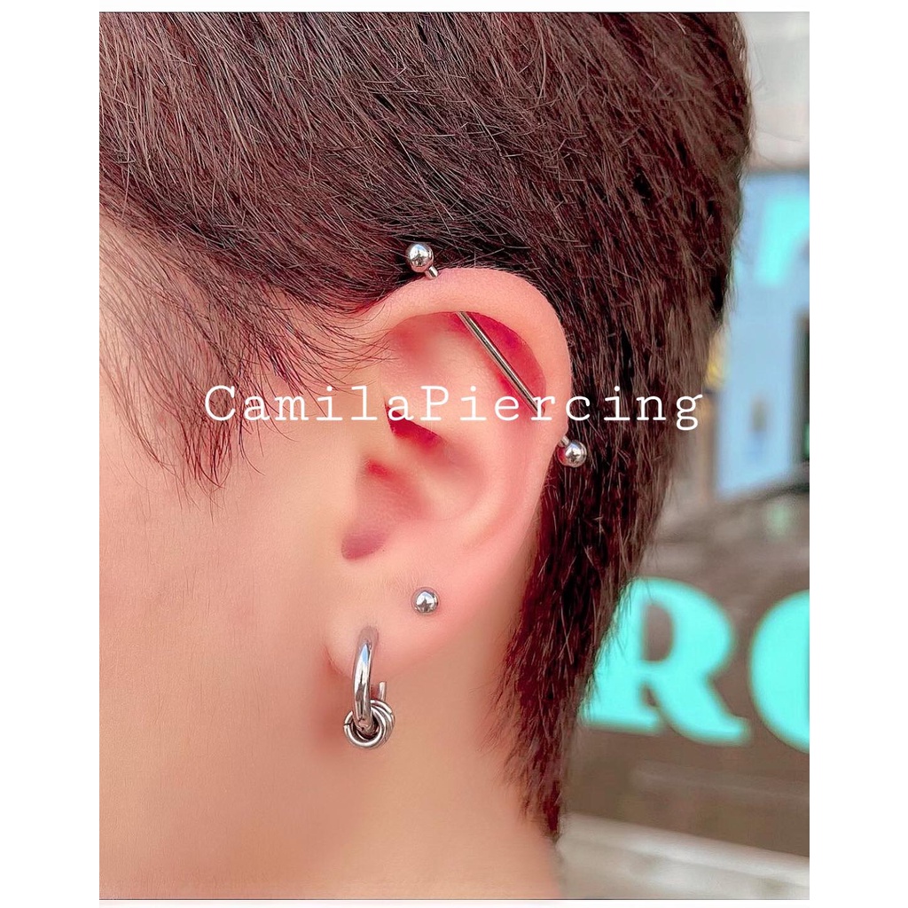 Khuyên Tai Industrial thanh thẳng 2 đầu bi