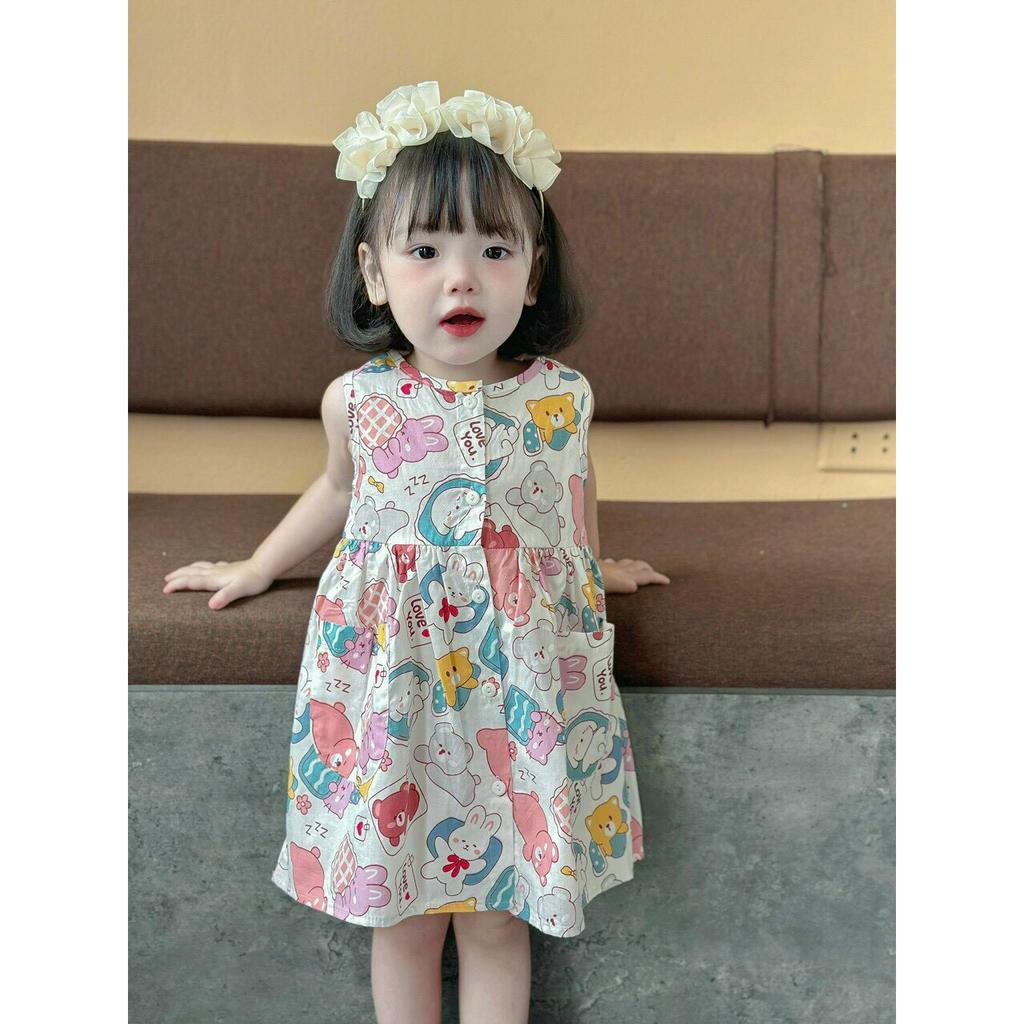 Váy cổ tròn hàng thiết kế vải thô mềm mát cho bé gái từ 8-20kg