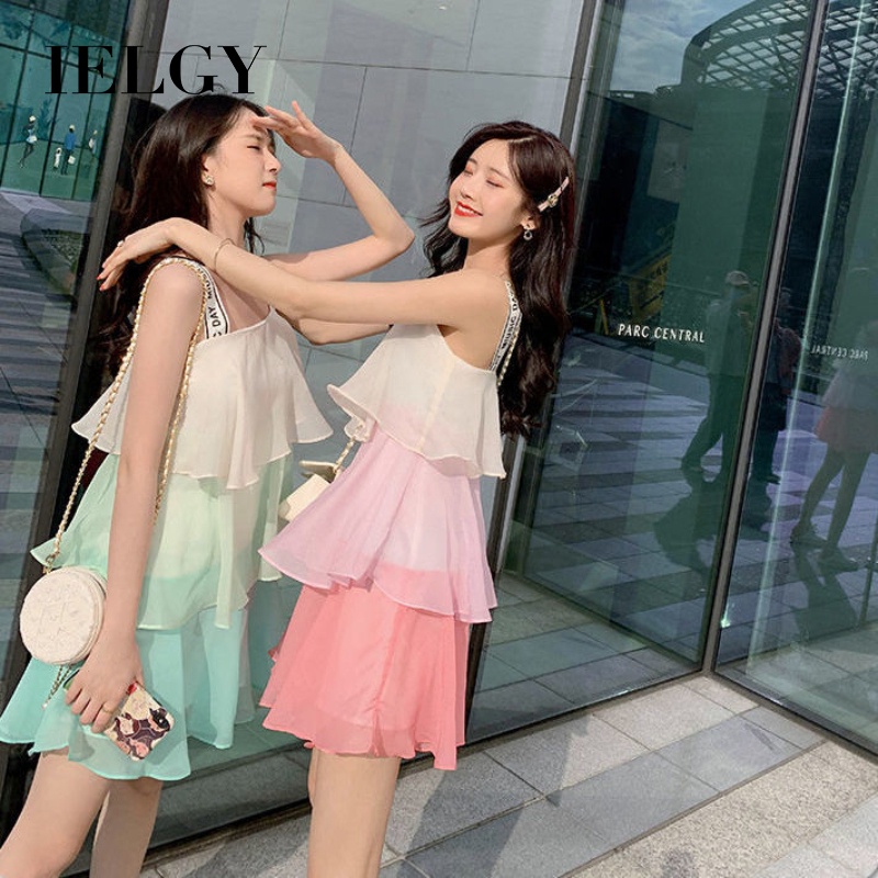 Đầm xếp tầng hai dây IELGY màu gradient phong cách Hàn Quốc thời trang mùa hè cho nữ
