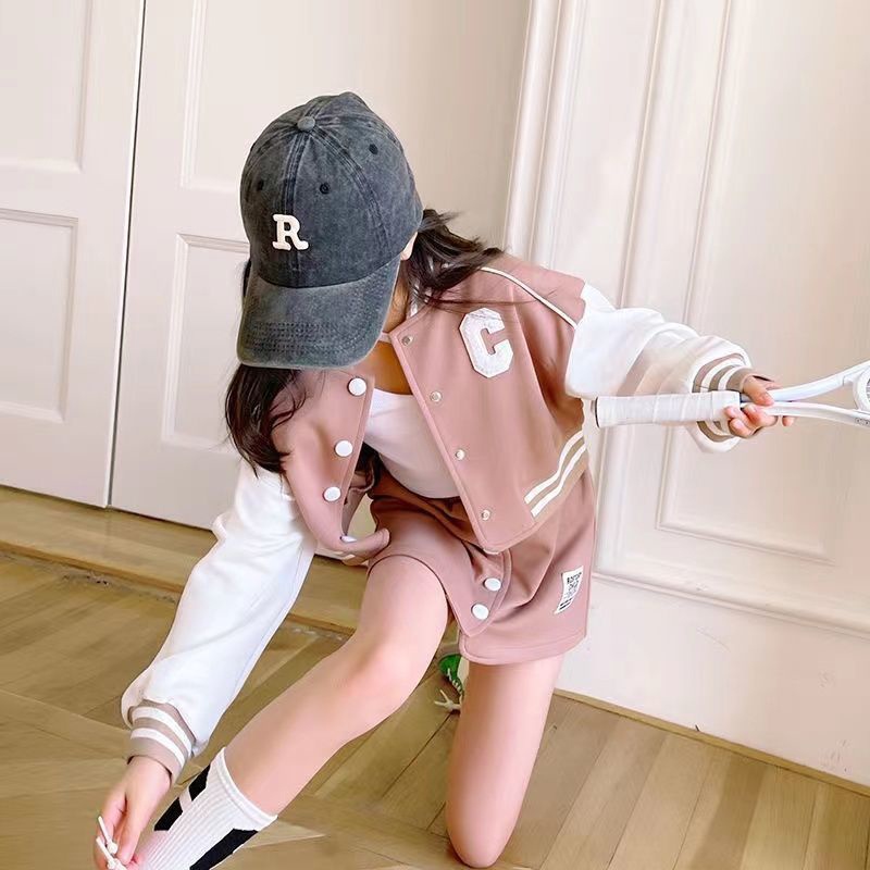 IQ ANGEL Bộ Áo Khoác Bóng Chày Phối Chân Váy Ngắn Kiểu Hàn Quốc Thời Trang Xuân Thu Cho Bé Gái