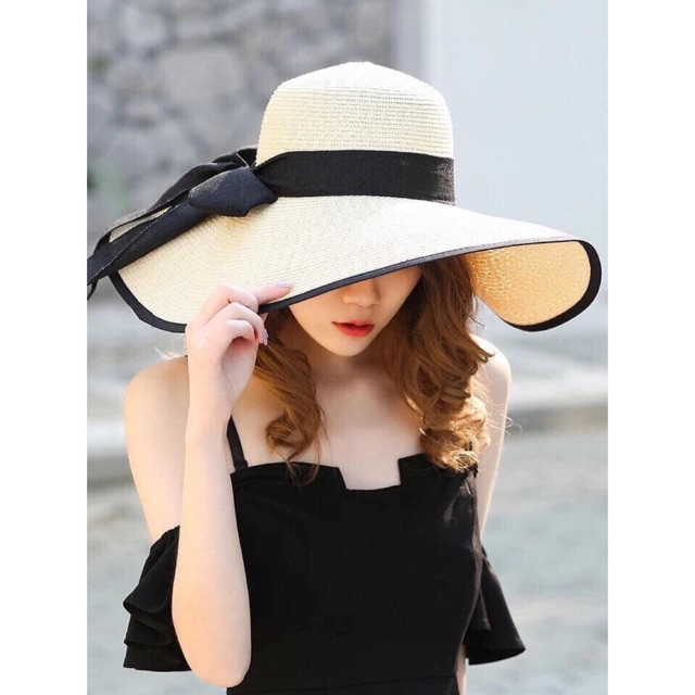 Mũ cói cực đại viền đen nơ đen