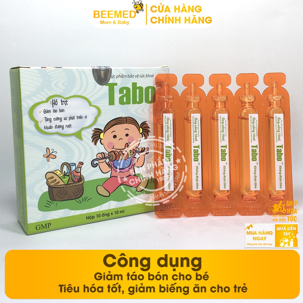 Siro Tabo giảm táo bón cho bé - hộp 10 ống tiện lợi từ chất xơ hòa tan FOS, tiêu hóa tốt, giảm biếng ăn cho trẻ