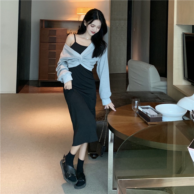 SUXI Set áo len tay dài dáng rộng + đầm hai dây thời trang mùa thu hàng mới