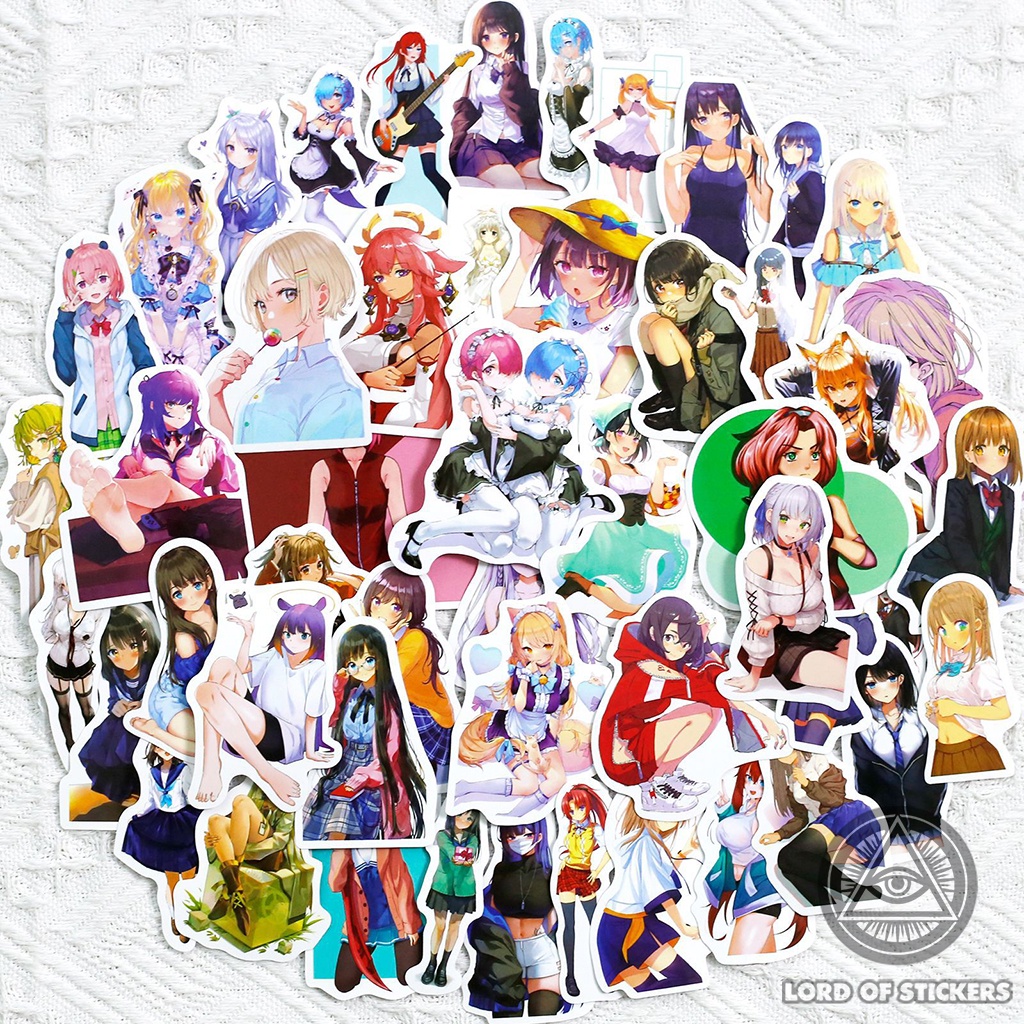 Set 50 Nhãn Dán Anime Girl Cute Waifu Sticker Manga Hình Cô Gái Dễ Thương Trang Trí Mũ Bảo Hiểm, Laptop, Guitar, Sổ