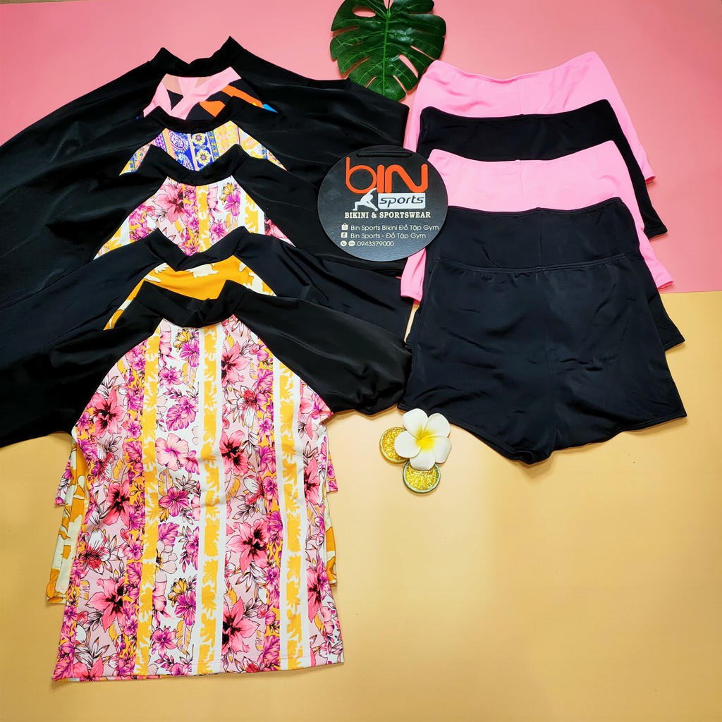 Bikini Nữ 2 Mảnh Quần Đùi Cạp Cao Aó Crop Dài Tay Phủ Bụng Bin Sports BHV089 | BigBuy360 - bigbuy360.vn