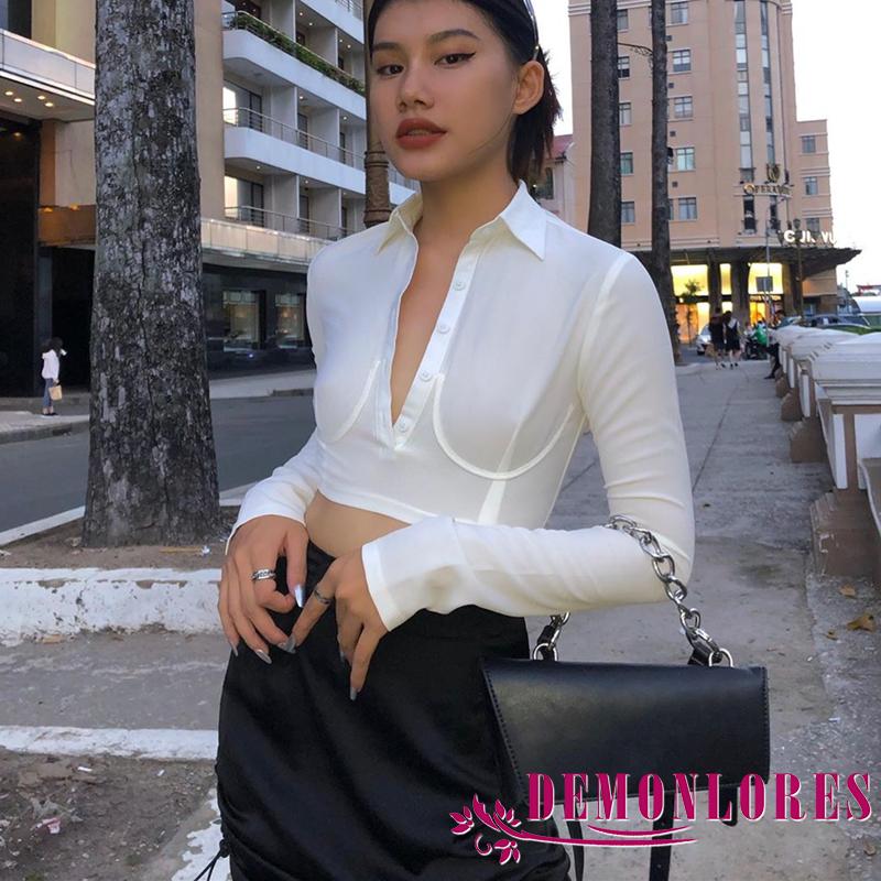 Áo croptop tay dài cài nút thanh lịch dành cho phái đẹp