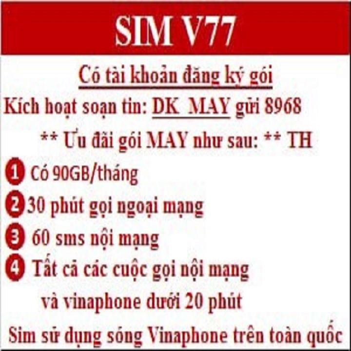 Sim Vina 4G Gói Cước MAY - Tặng 90Gb/tháng - Miễn Phí Nội Mạng - Tặng 60 SMS