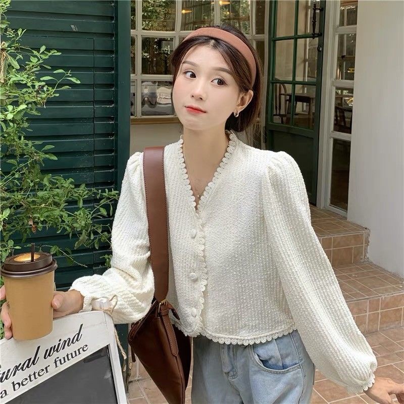 Áo Sơ Mi Dài Tay Cổ Chữ V Phối Ren Thời Trang Mùa Thu Dành Cho Nữ