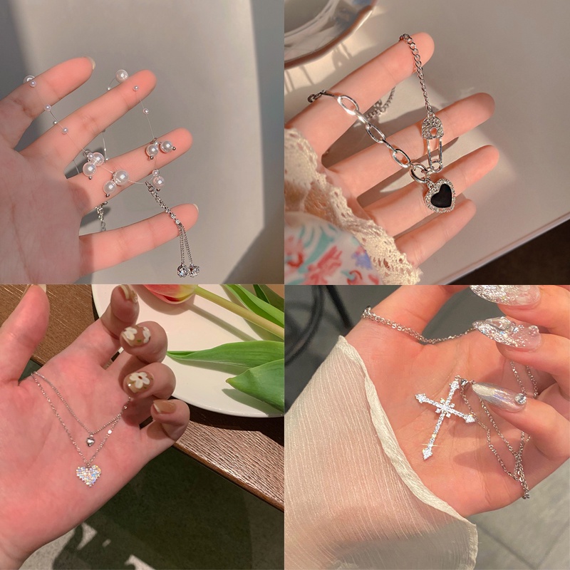 Vòng cổ Nhiều Lớp Đính Hạt Ngọc Trai Mặt Hình Trái Tim Và Bướm Y2k Thời Trang Cho Nữ