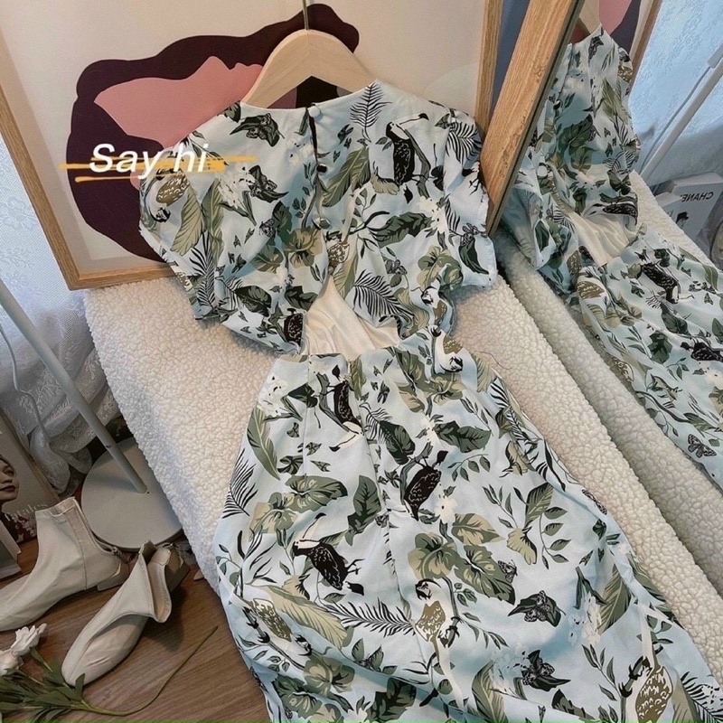 ĐẦM ÔM MIDI HOA LÁ XẺ ĐÙI KHOÉT LƯNG/VÁY XANH HỞ LƯNG PHỐI NÚT XẺ ĐÙI