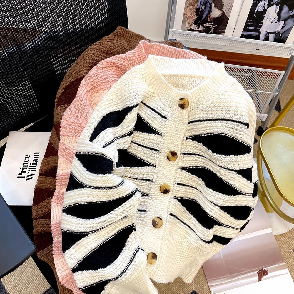 Áo Khoác Cardigan Dệt Kim Họa Tiết Kẻ Sọc Thời Trang Mùa Thu Cho Nữ