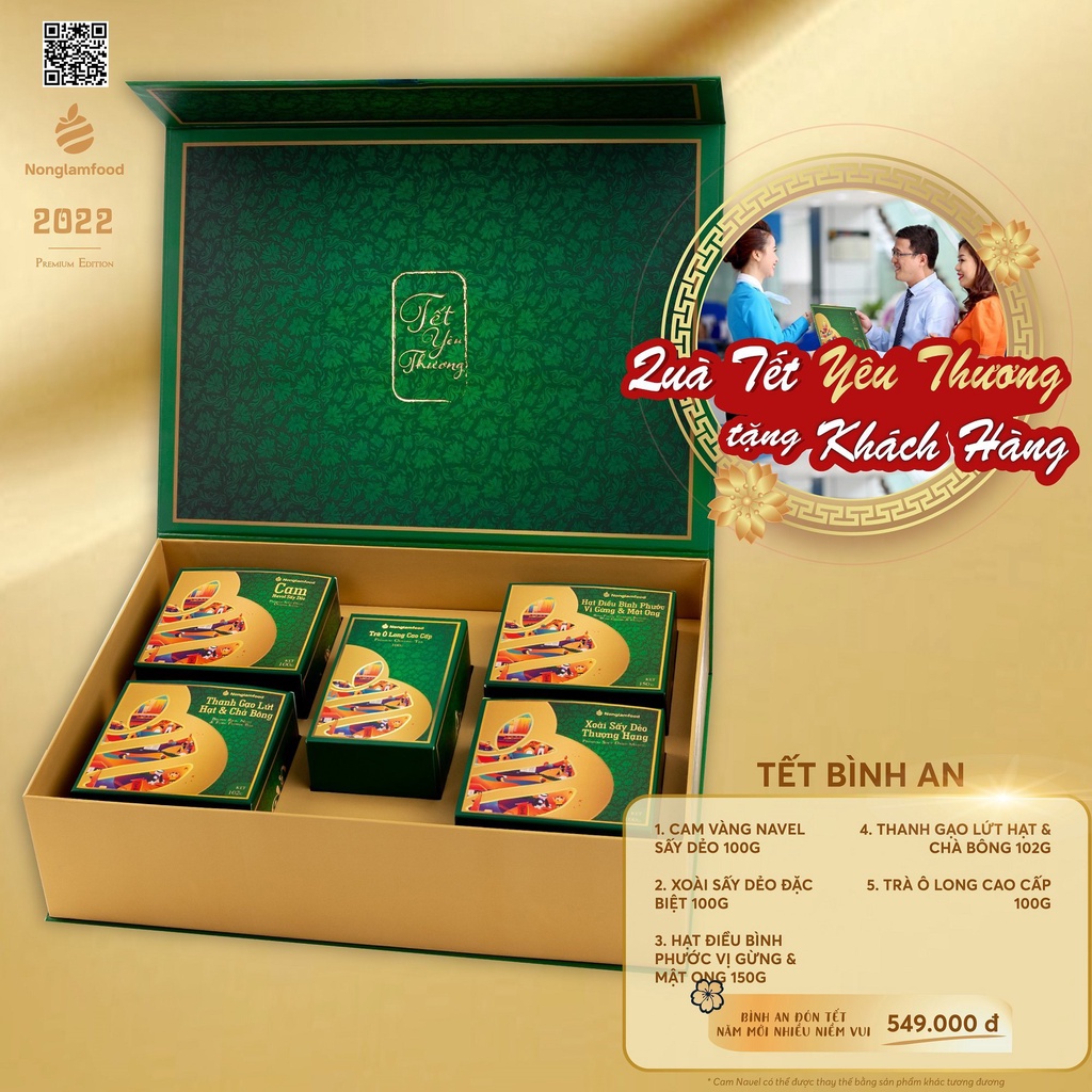 Hộp quà Tết Bình An Nonglamfood mix hoa quả sấy, hạt dinh dưỡng, trà và ngũ cốc cho gia đình, cơ quan.