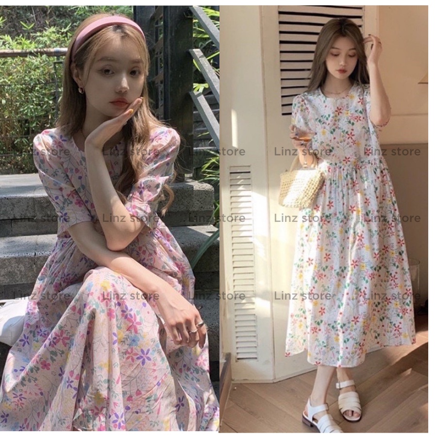 Váy babydoll hoa nhí cổ tròn tay ngắn Ulzzang - Đầm hoa bigsize Linzstore V229
